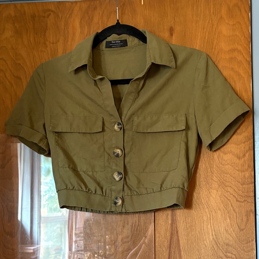 Bershka Olive Green Button Up Crop Top
